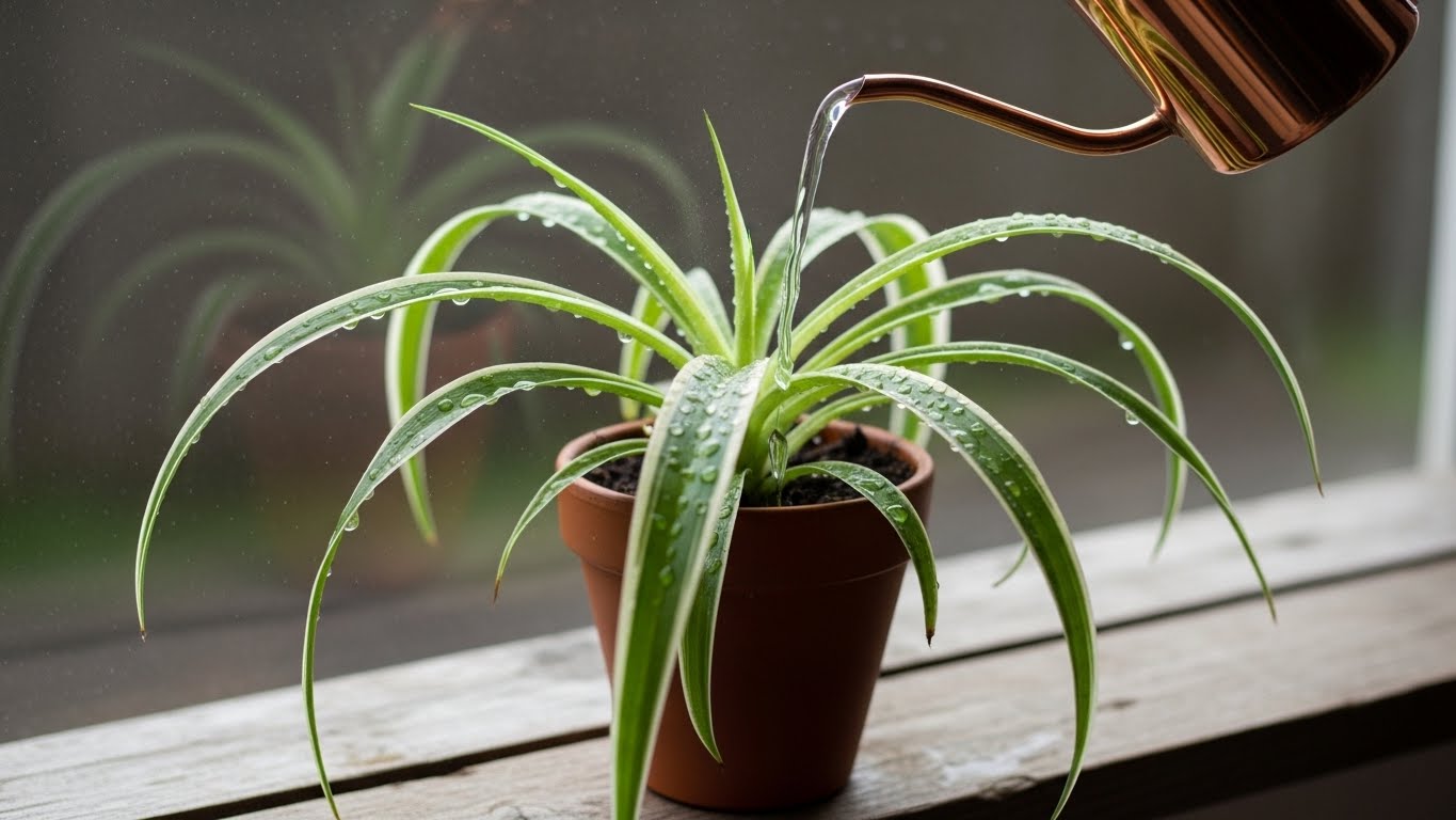 Watering a spider plant in a pot by a window with droplets on leaves