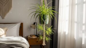 Stylish spider plant hanging in a bedroom for indoor decor and air purification.