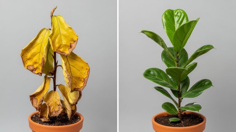 Comparison of a wilted houseplant with yellow leaves and a healthy green plant