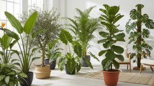 Modern home with statement indoor plants including fiddle leaf fig and monstera