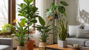 assorted statement plants in a modern living room with natural light
