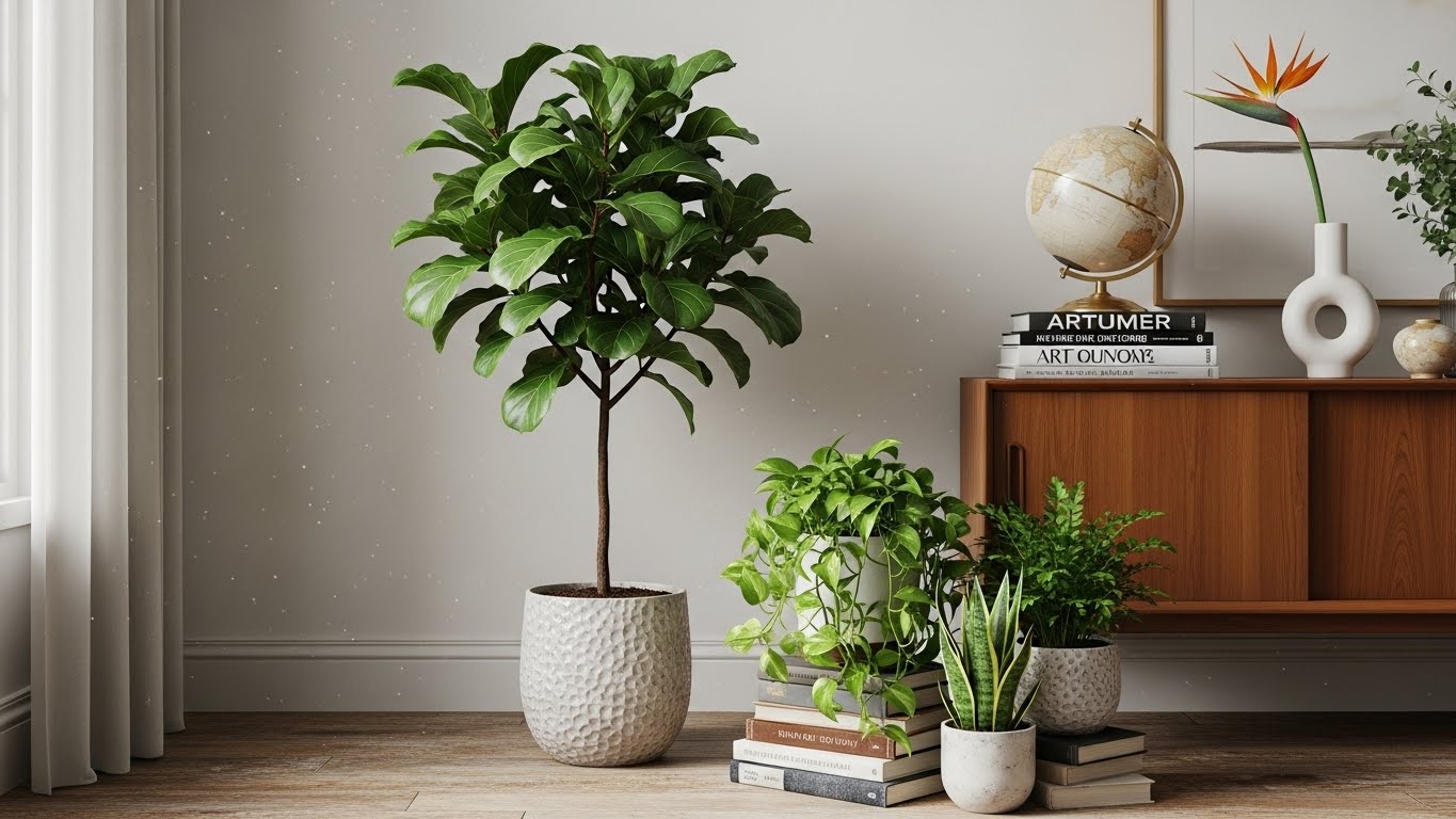 Stylish room with plants, books, art, and candles on a wooden cabinet