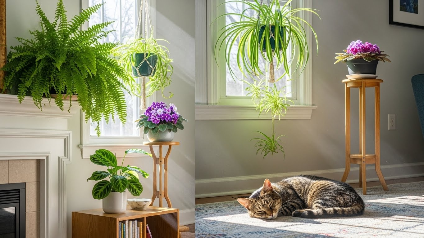 Bright living room corner with hanging and potted plants, sunlight and sleeping cat