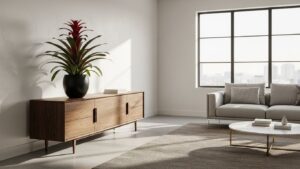 Modern living room featuring bromeliads in stylish black pot.