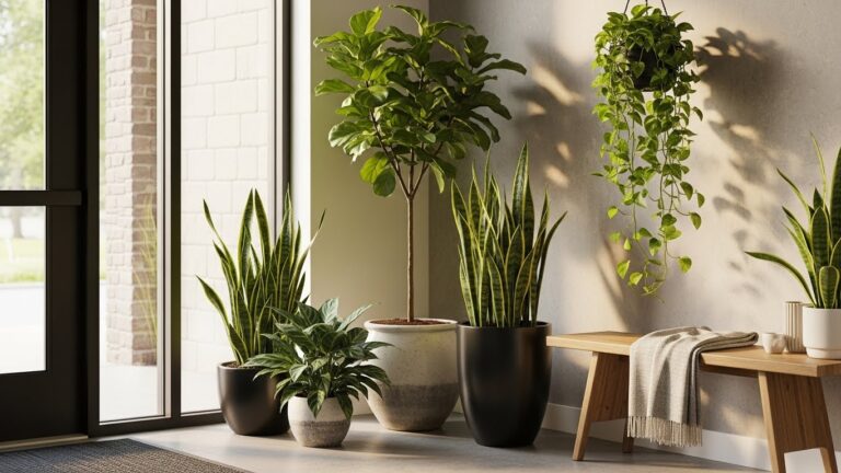 Stylish entryway with diverse indoor plants in modern pots