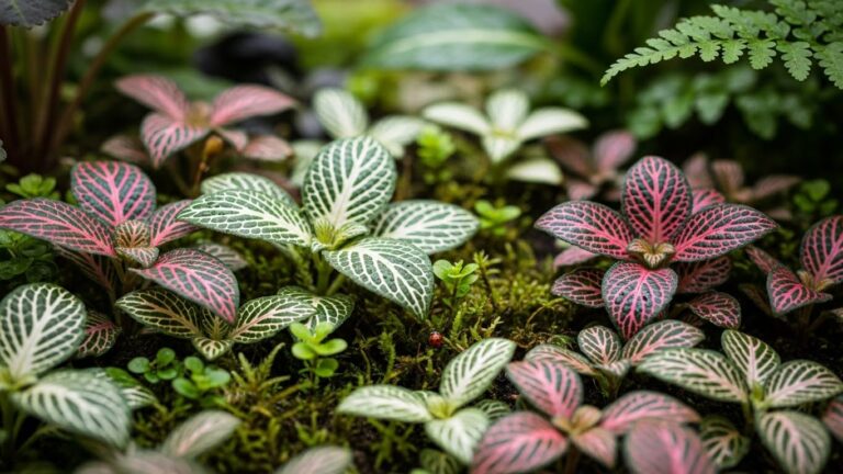 Colorful Fittonia plants with red and green leaves in a lush mini jungle setting