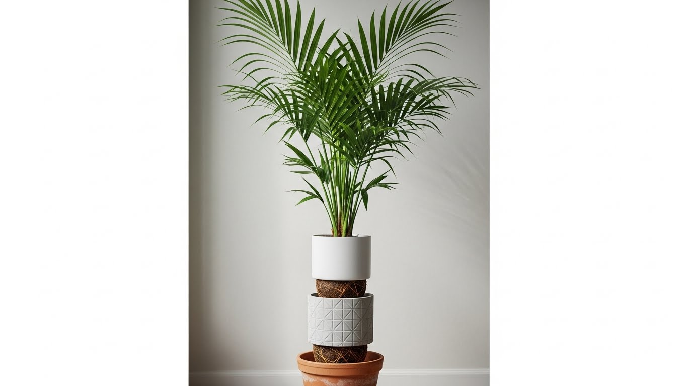 Minimalist parlor palm in stacked pots against a neutral wall