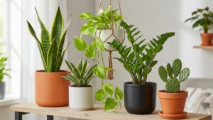 Stylish easy-to-grow plants including snake plant, pothos, and ZZ plant on a wooden table