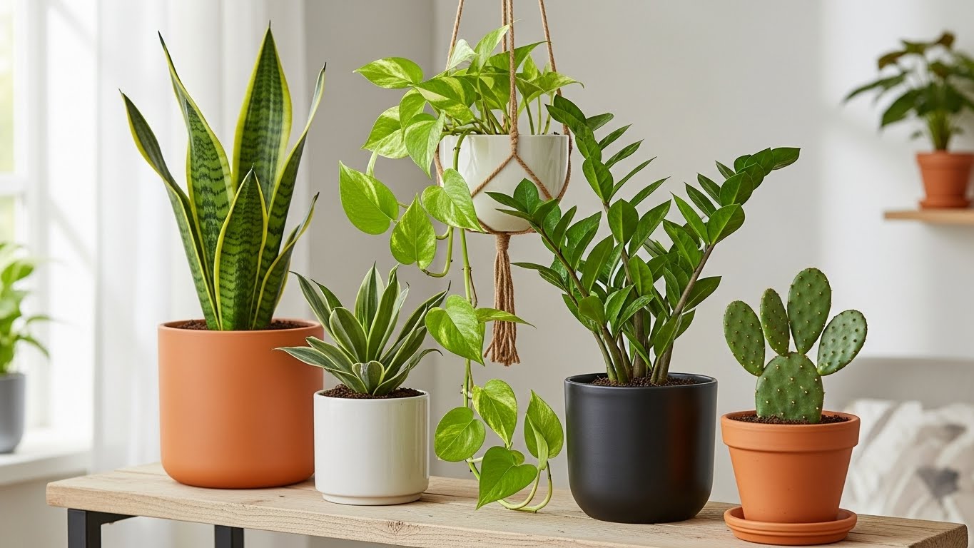 Stylish easy-to-grow plants including snake plant, pothos, and ZZ plant on a wooden table