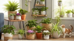 Pet-safe indoor plants arranged stylishly under $30 with a curious cat nearby