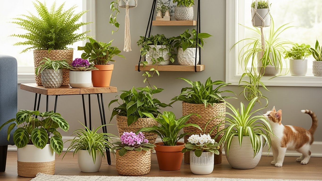 Pet-safe indoor plants arranged stylishly under $30 with a curious cat nearby