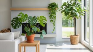 Modern living room with Monstera, trailing vine, and fiddle leaf fig plants
