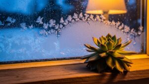 Succulent on a windowsill with winter frost outside, highlighting winter succulent care.