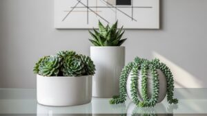 Minimalist succulent display in white pots enhances interior decor.