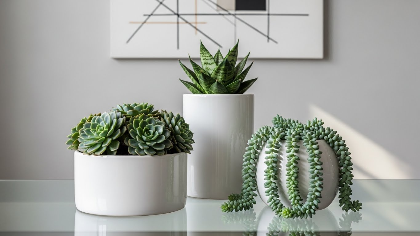 Minimalist succulent display in white pots enhances interior decor.