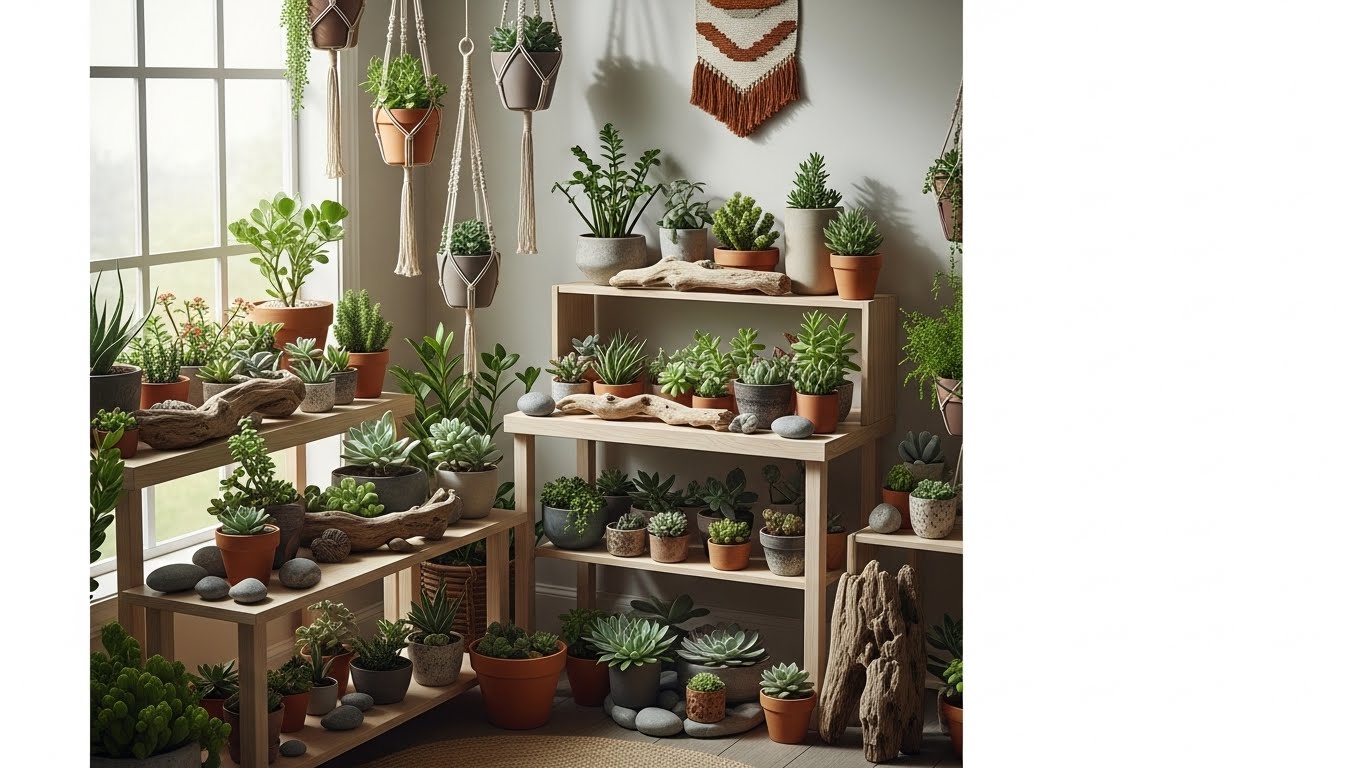 Indoor succulent garden with wooden shelves and natural light