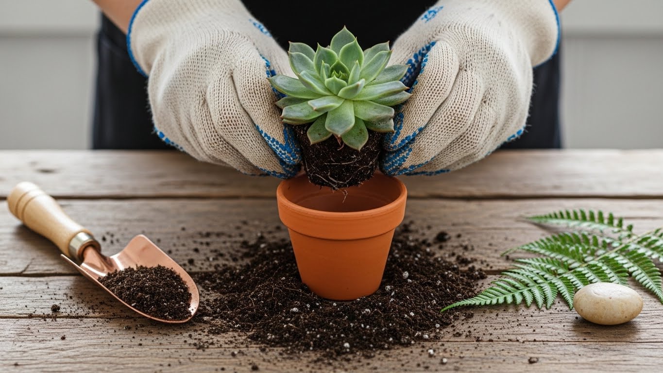 A person repotting a succulent in a clay pot with gardening gloves and tools.