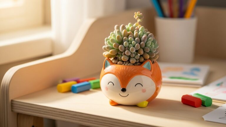 Colorful fox-shaped pot with succulent plants in a kids' room.