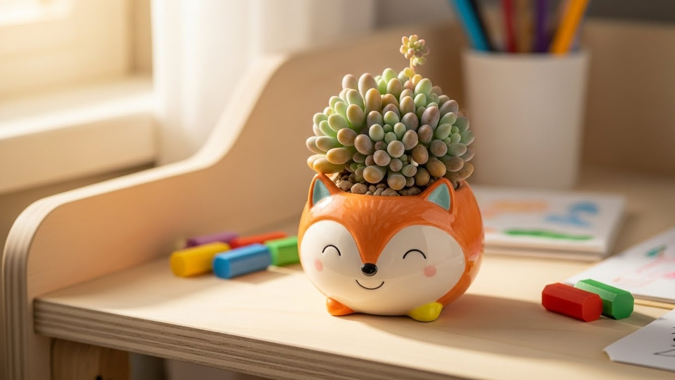 Colorful fox-shaped pot with succulent plants in a kids' room.