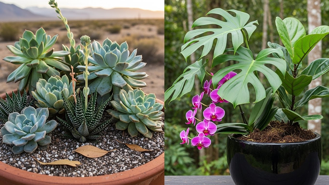 Comparison of succulent and tropical plants in separate pots highlighting care differences