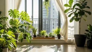 Indoor plants basking in sunlight near a large window during summer