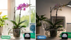 Side-by-side comparison of orchid care in summer and winter with humidity and temperature settings.