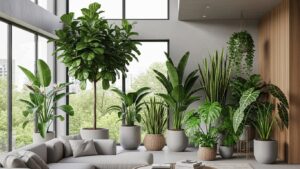 Variety of tall indoor plants in bright corner with large windows