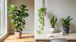 Tall indoor plant and tabletop plants enhancing room decor