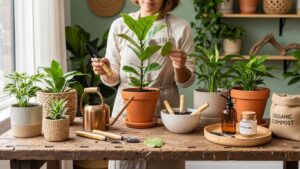A woman caring for indoor plants using sustainable gardening tools and organic compost.