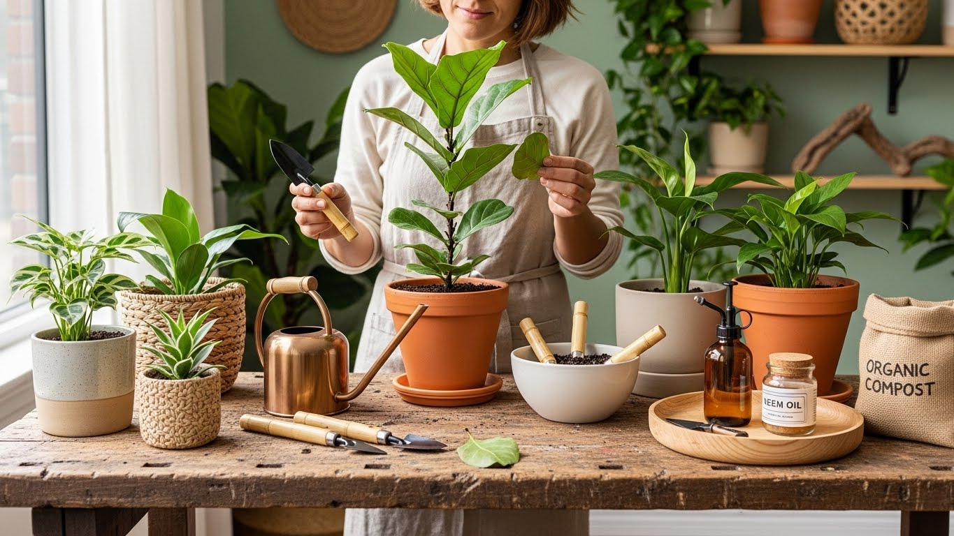 A woman caring for indoor plants using sustainable gardening tools and organic compost.