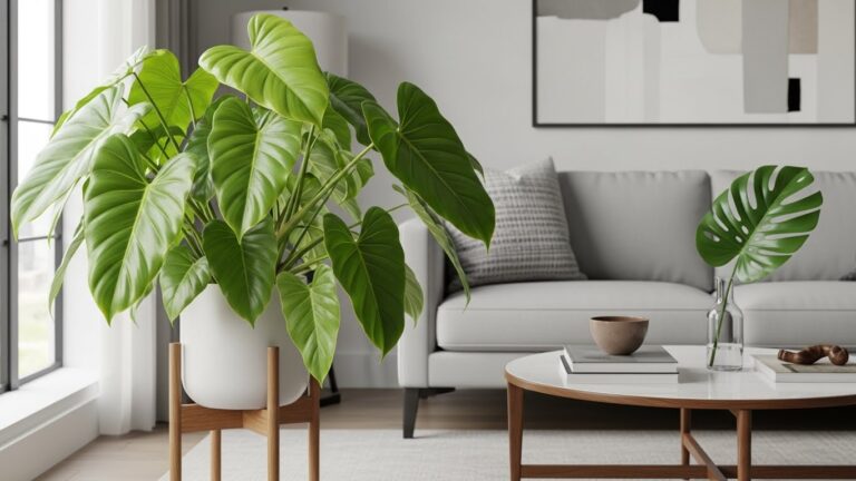 Lush Philodendron plant in stylish living room setting with modern furniture.