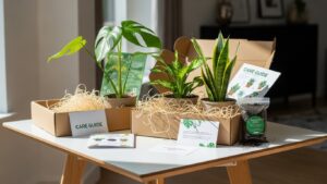 Indoor plant subscription box featuring various potted plants and care guides.