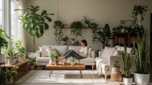 Cozy living room filled with indoor plants promoting relaxation and mental balance.