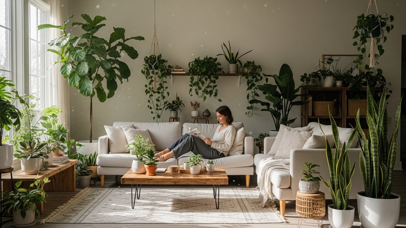 Cozy living room filled with indoor plants promoting relaxation and mental balance.