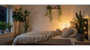 Cozy bedroom with indoor plants enhancing a tranquil sleep environment.