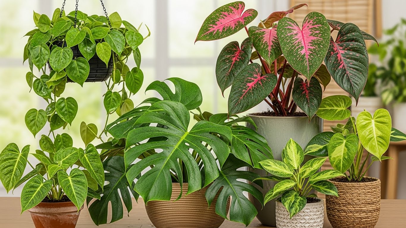 Various philodendron varieties in pots, ideal for beginners, on a bright windowsill.