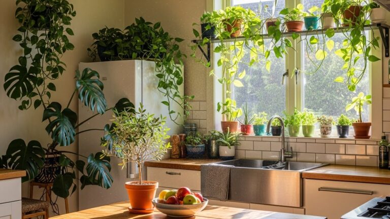 Bright kitchen filled with sunlit plants on window sill and countertop