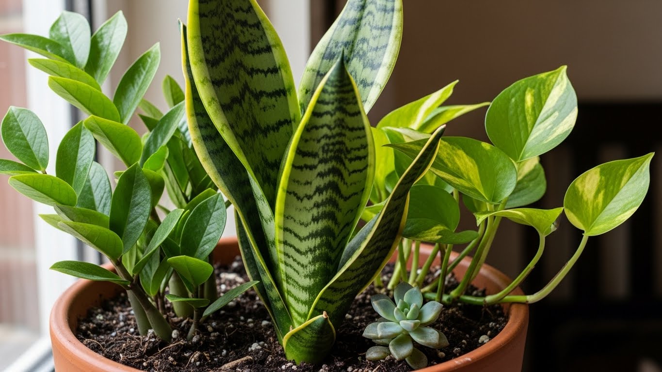 Low maintenance indoor plants including snake plant and pothos in a terracotta pot