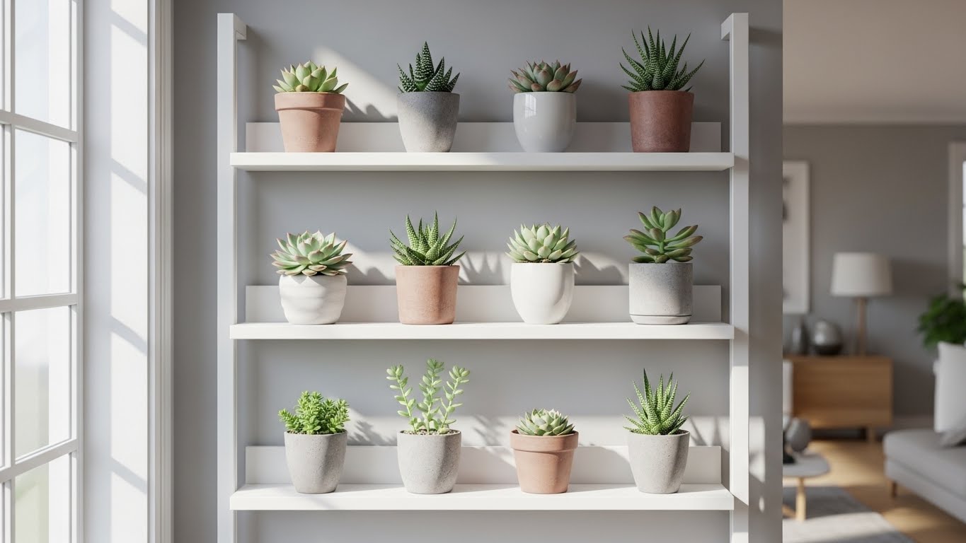 A variety of thriving succulents arranged on a modern shelf in an apartment.
