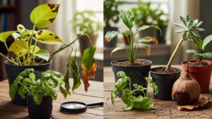 Overwatered and neglected plants with yellowing leaves and spider webs
