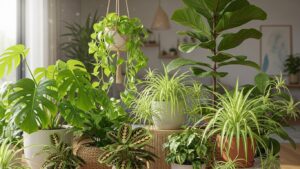 Vibrant indoor plants for beginners including monstera and spider plant
