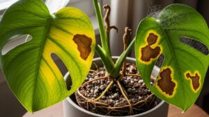 Monstera leaves with yellowing and brown spots, indicating common plant problems