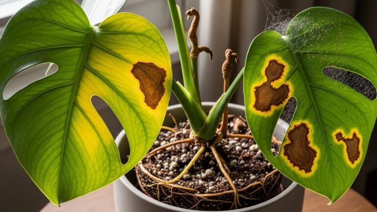 Monstera leaves with yellowing and brown spots, indicating common plant problems