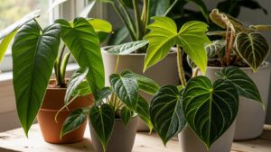 Variety of rare philodendron species in pots indoors displaying lush green leaves