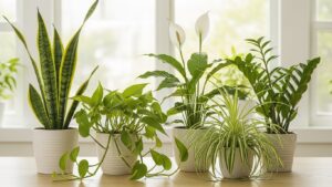 Indoor air-purifying plants on table near window