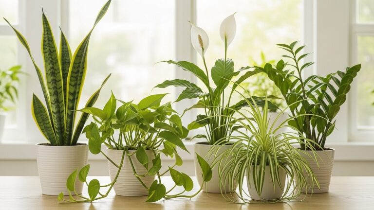 Indoor air-purifying plants on table near window