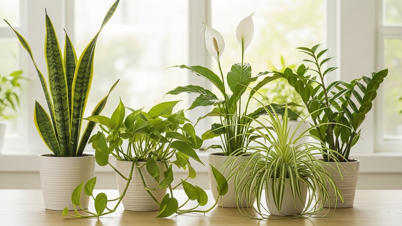 Indoor air-purifying plants on table near window