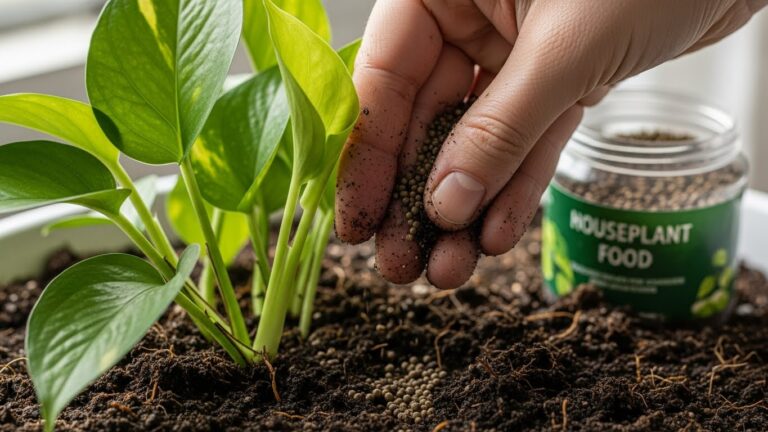 Hand applying granular fertilizer to pothos plant soil