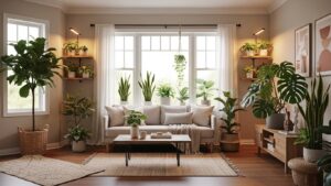Medium-light living room with lush indoor plants on shelves and around a cozy sofa
