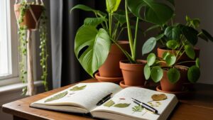 Open plant care journal next to potted plants on wooden table